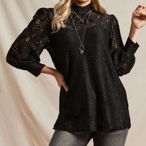 Suzanne Betro Black lace mock neck balloon sleeve blouse